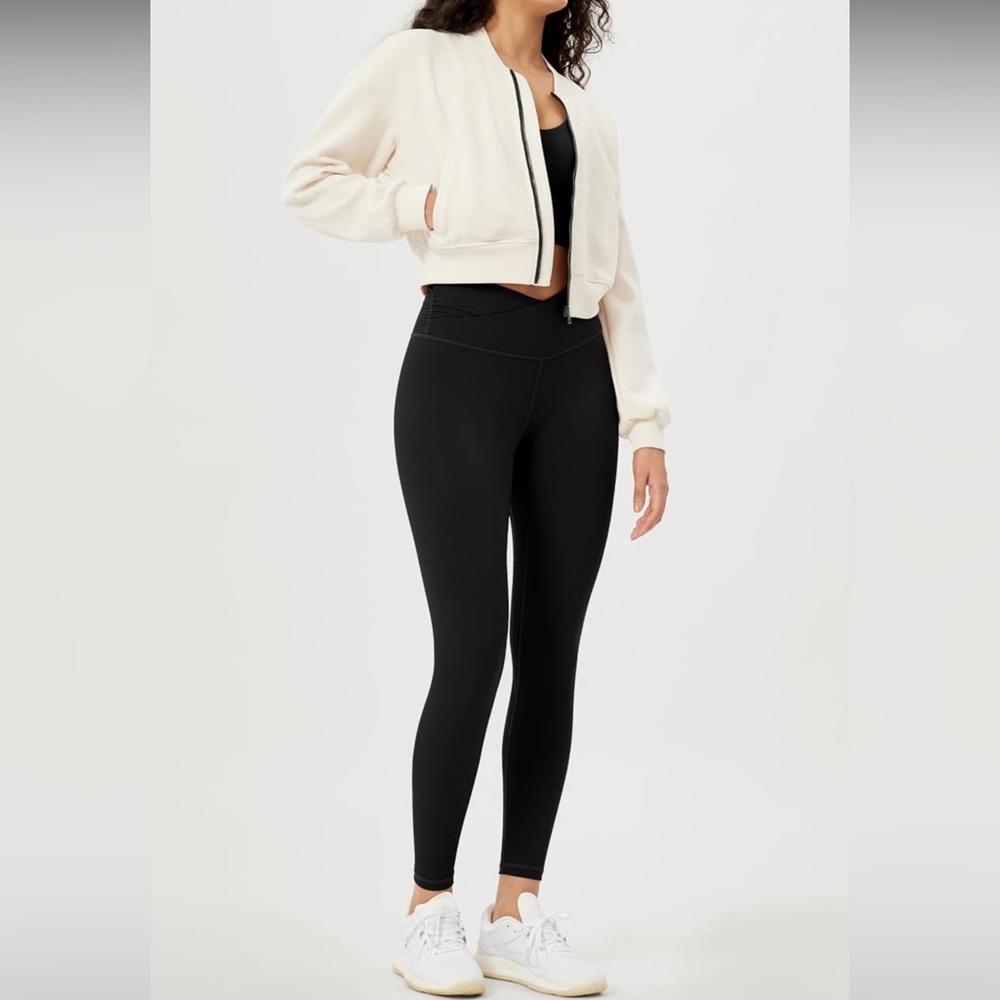 ODODOS Women's Cross Waist Yoga Leggings w/ Inner Pocket Black Medium - Picture 2 of 6